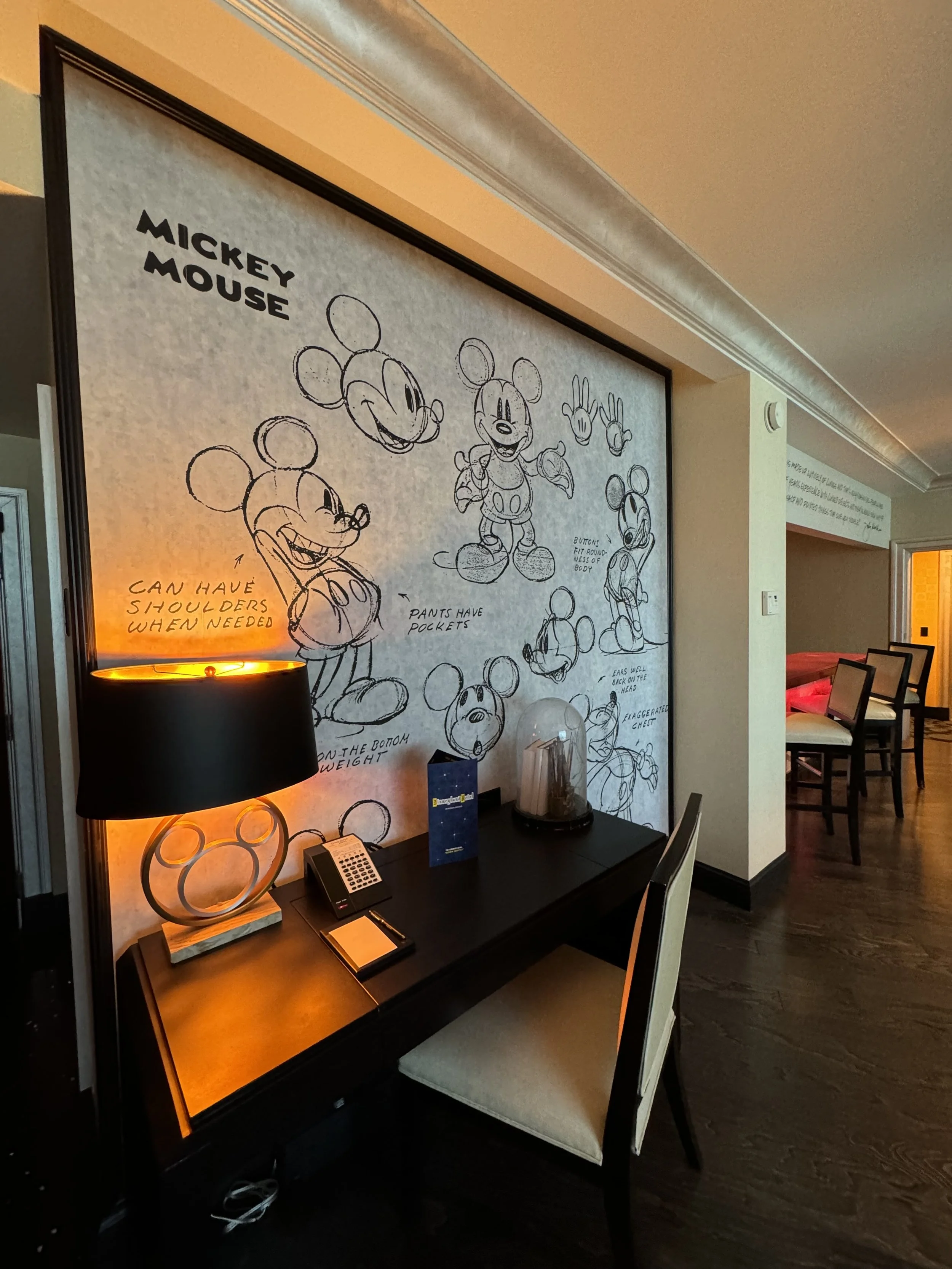 Illustration of Mickey Mouse in various poses on a whiteboard with notes about his features in a hotel or conference room.