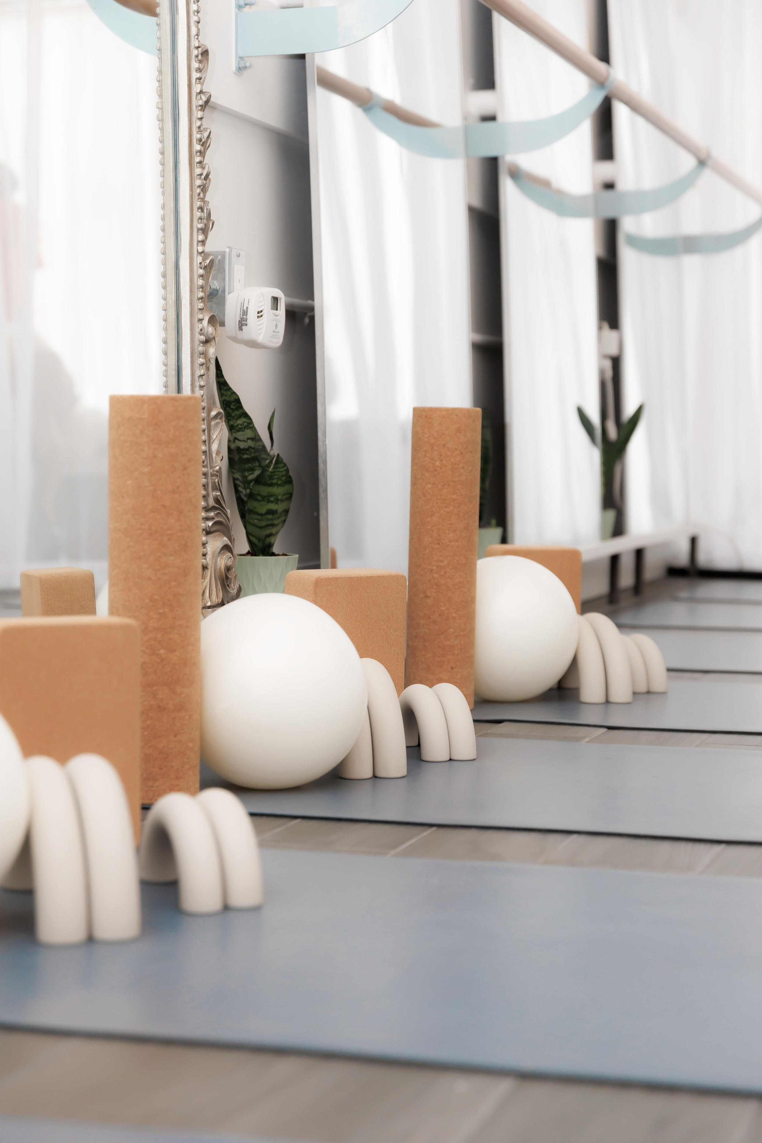 A row of yoga mats with decorative foam rollers and balls, and potted plants in the background. Pilates and barre studio in The Junction, Toronto.