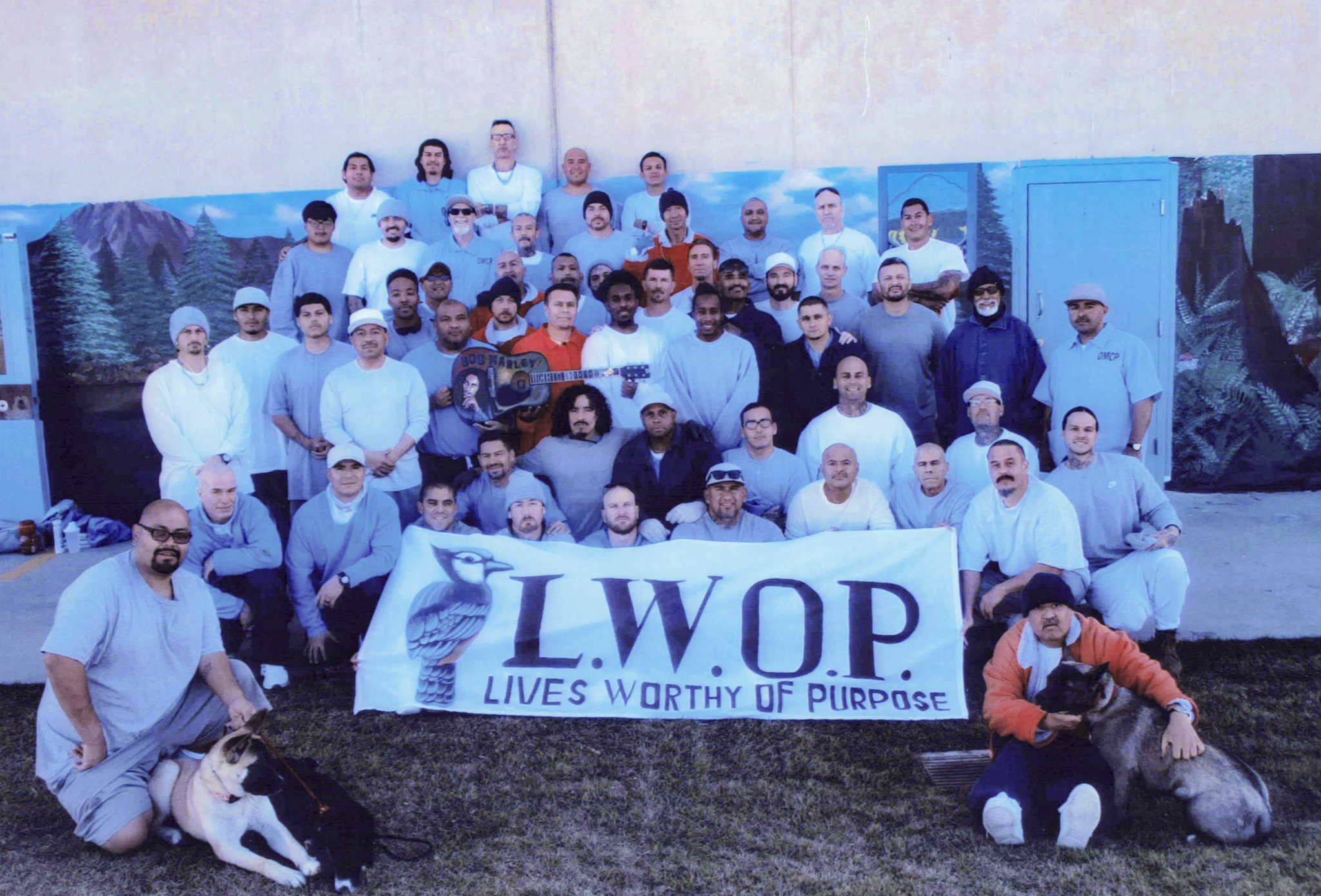 Group photo of incarcerated men in Lives Worthy of Purpose rehabilitation nonprofit program in California.