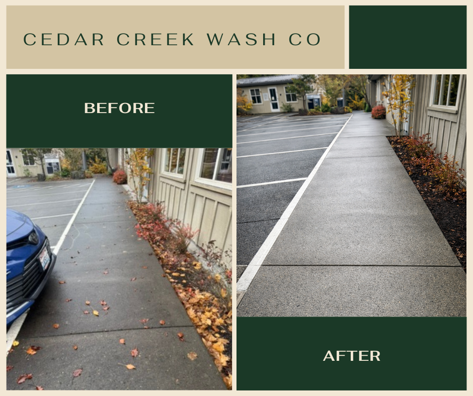 Sidewalk and parking lot before and after resurfacing at Cedar Creek Wash Co, showing improvements in pavement quality and cleanliness.