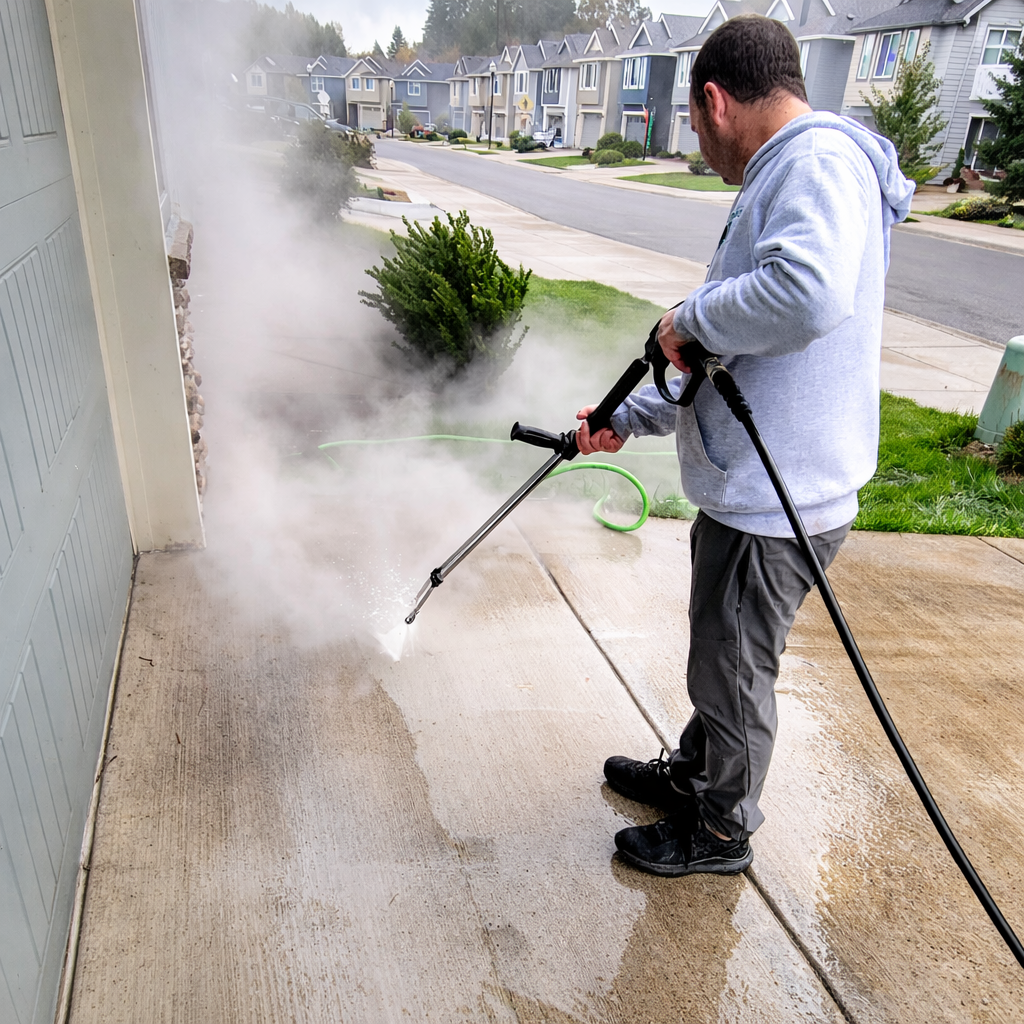 Ryan pressure washing a driveway in Vancouver Washington
