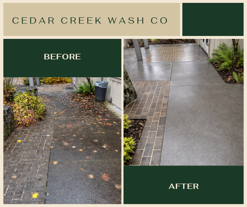 Comparison of a sidewalk before and after cleaning and refinishing. The 'before' side shows a wet, dirty, leaf-covered concrete walkway, while the 'after' side displays a clean, dry, smooth concrete surface with brick accents.