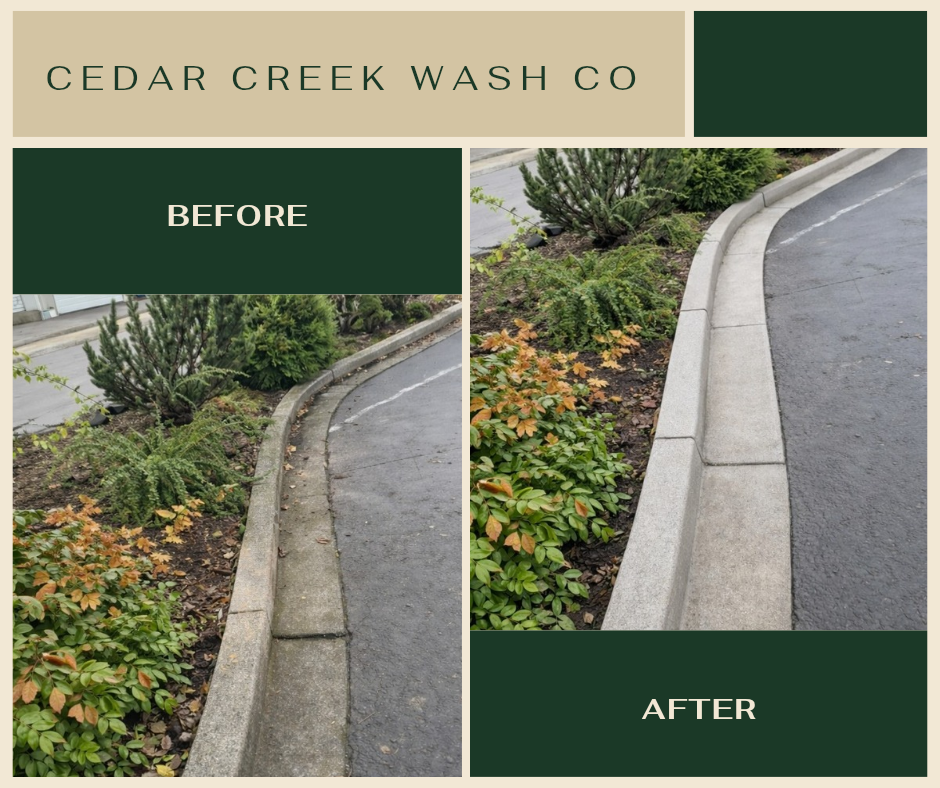 Comparison of a landscaped curb area in a parking lot before and after cleaning and renovation, showing the curb and plants with enhanced appearance in the after image.