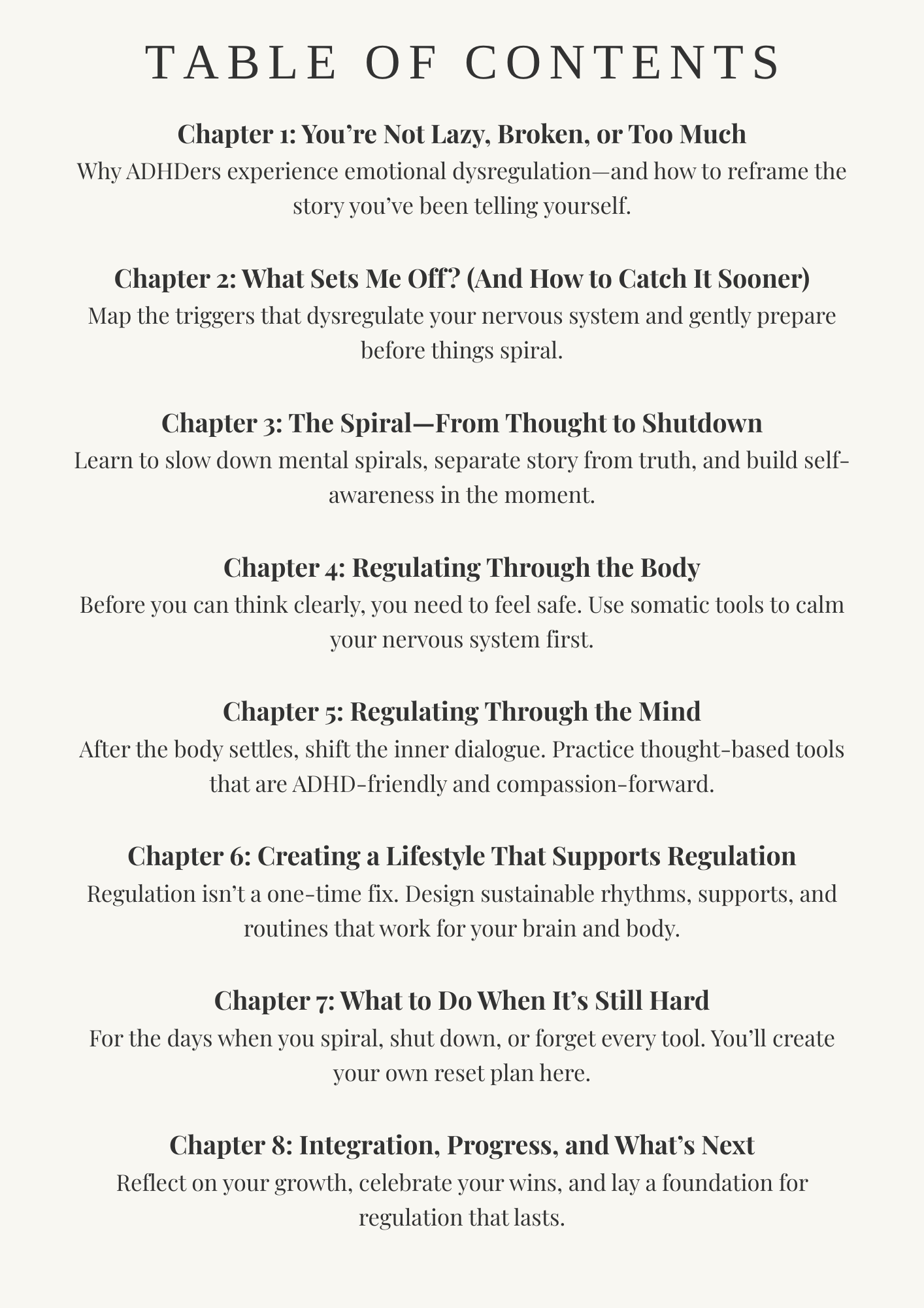 Table of contents from a book, listing chapters about managing ADHD, emotional regulation, mental and physical self-care, mind management, lifestyle creation, handling difficult moments, and personal growth.