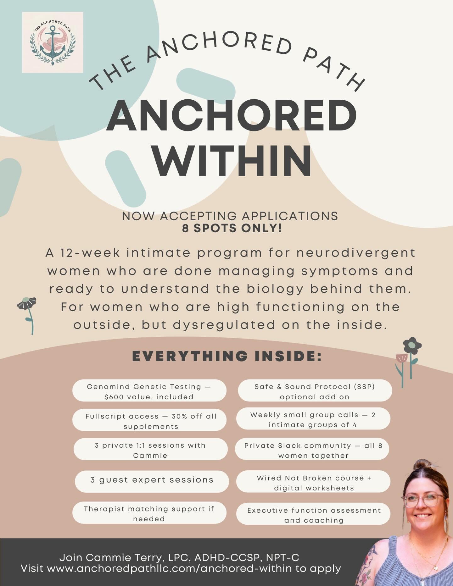 I am soooooo soo excited about this program!! Applications are now open! www.anchoredpathllc.com/anchored-within 

#adhdwomen #adhdsupport #adhdburnout #anchoredwithin #neurodivergentwomen