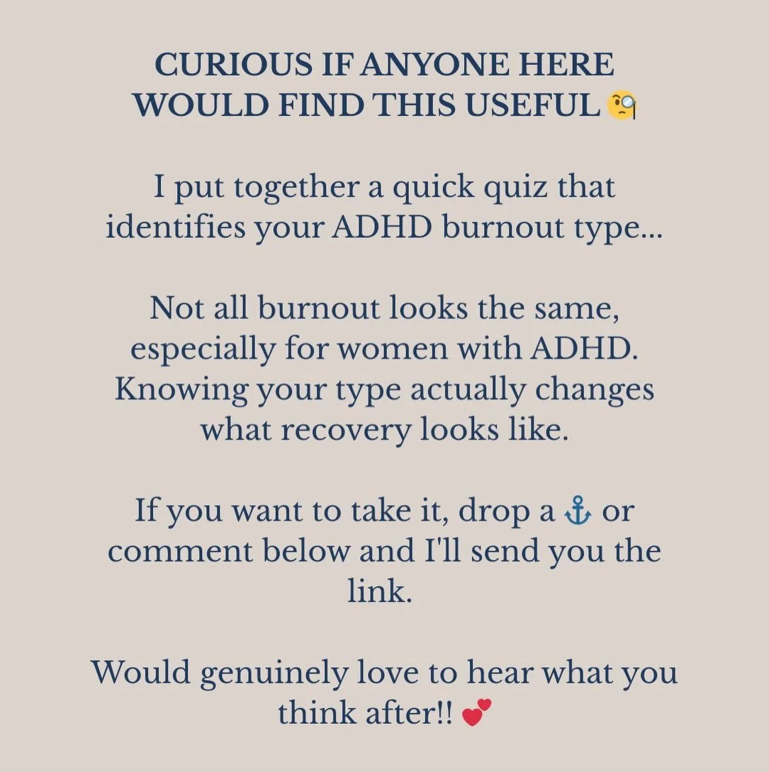 Comment ⚓️ to get the free quiz! 

I&rsquo;d love to hear your result 💕

#adhdwomen #audhdwoman #adhdbrain #adhdtherapist #adhdburnout