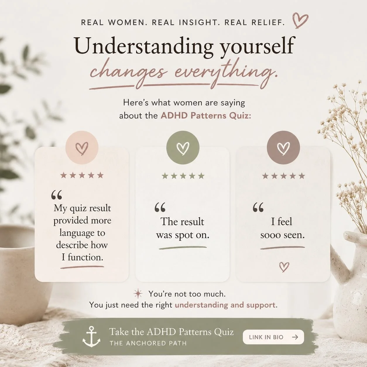 One of my favorite parts about creating the ADHD Patterns Quiz has been watching women finally find language for experiences they&rsquo;ve struggled to explain their entire lives 😭

Not because a quiz magically &ldquo;fixes&rdquo; anything&hellip;

