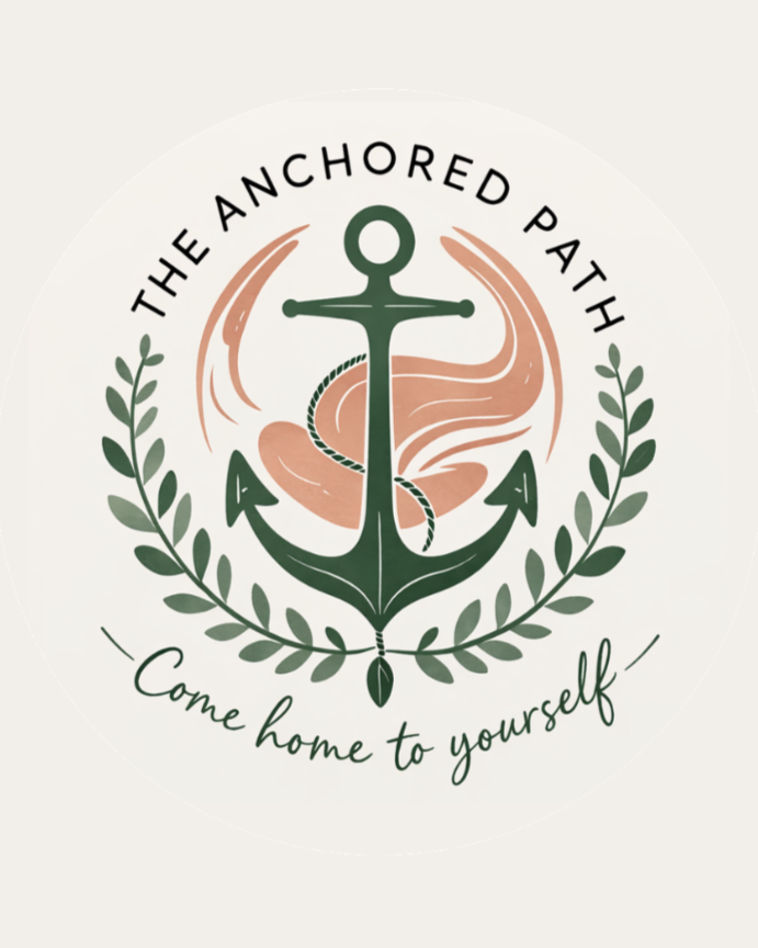 Logo with an anchor, waves, and a seashell, surrounded by greenery, with the text 'The Anchored Path' and 'Come home to yourself'.