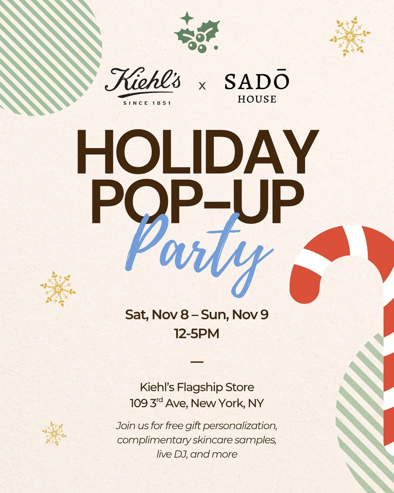 @sadohousenyc x @kiehls pop up this weekend! 

Join us for an exclusive pop up experience featuring free gift personalization, complimentary skincare samples, a live DJ, and more! 🧴🎶

We&rsquo;ll have new matcha + hojicha drinks and asian inspired 
