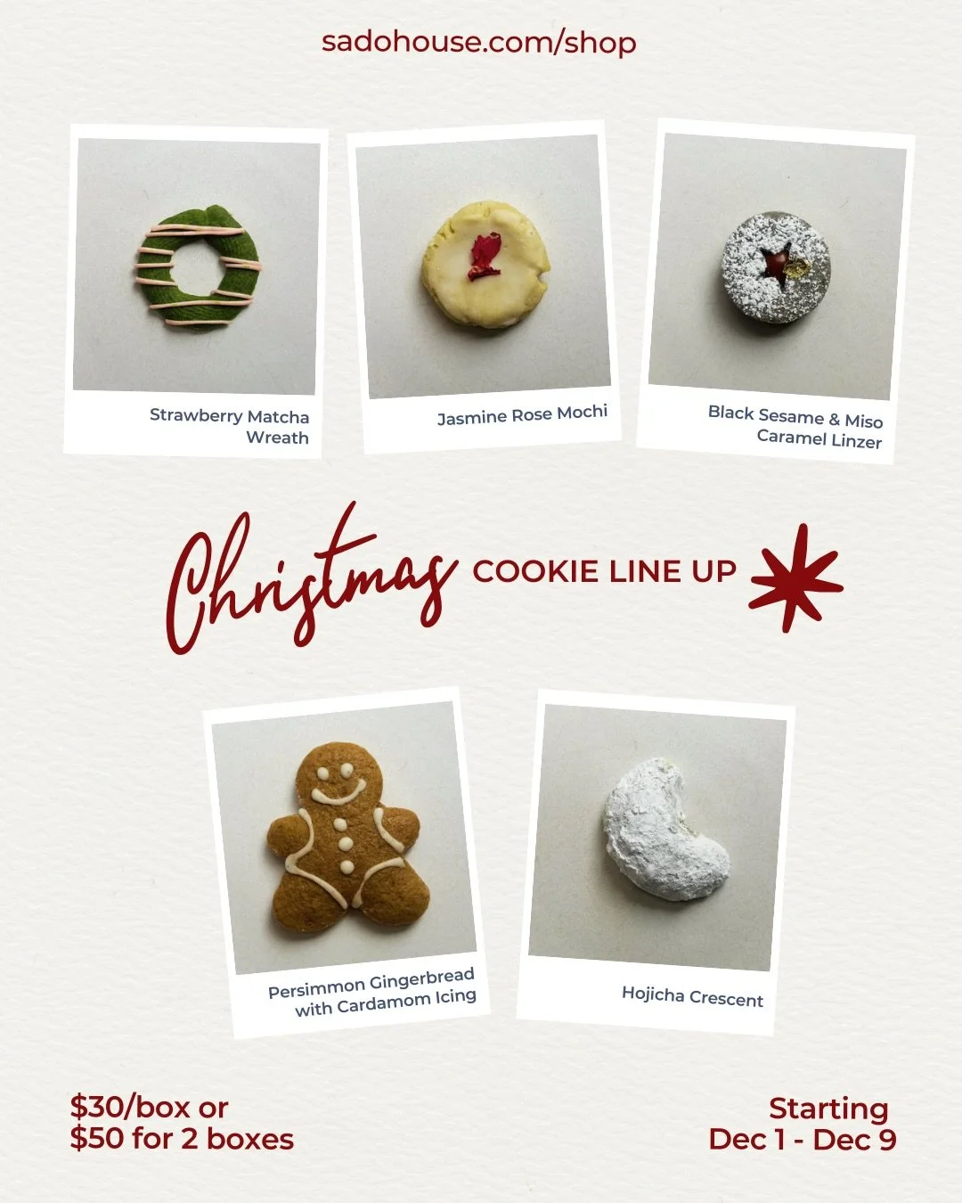 ✨It&rsquo;s timeeee! (Mariah Carey&rsquo;s voice). A moment for the cookies. 

Perfect for gifting, sharing and celebrating. Here&rsquo;s a look at what&rsquo;s inside your 10pc Holiday Box 🎁: 
&bull; Strawberry Matcha Wreath
&bull; Jasmine Rose Moc