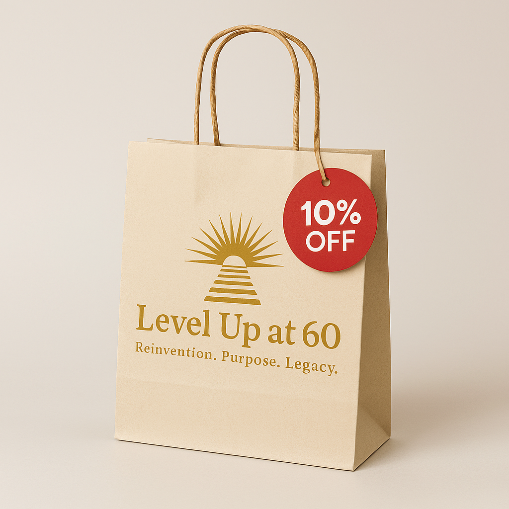 A beige shopping bag with a gold sunburst logo and the words "Level Up at 60." A red circular tag indicates 10% off. The bag has brown twisted paper handles and is set against a neutral background.