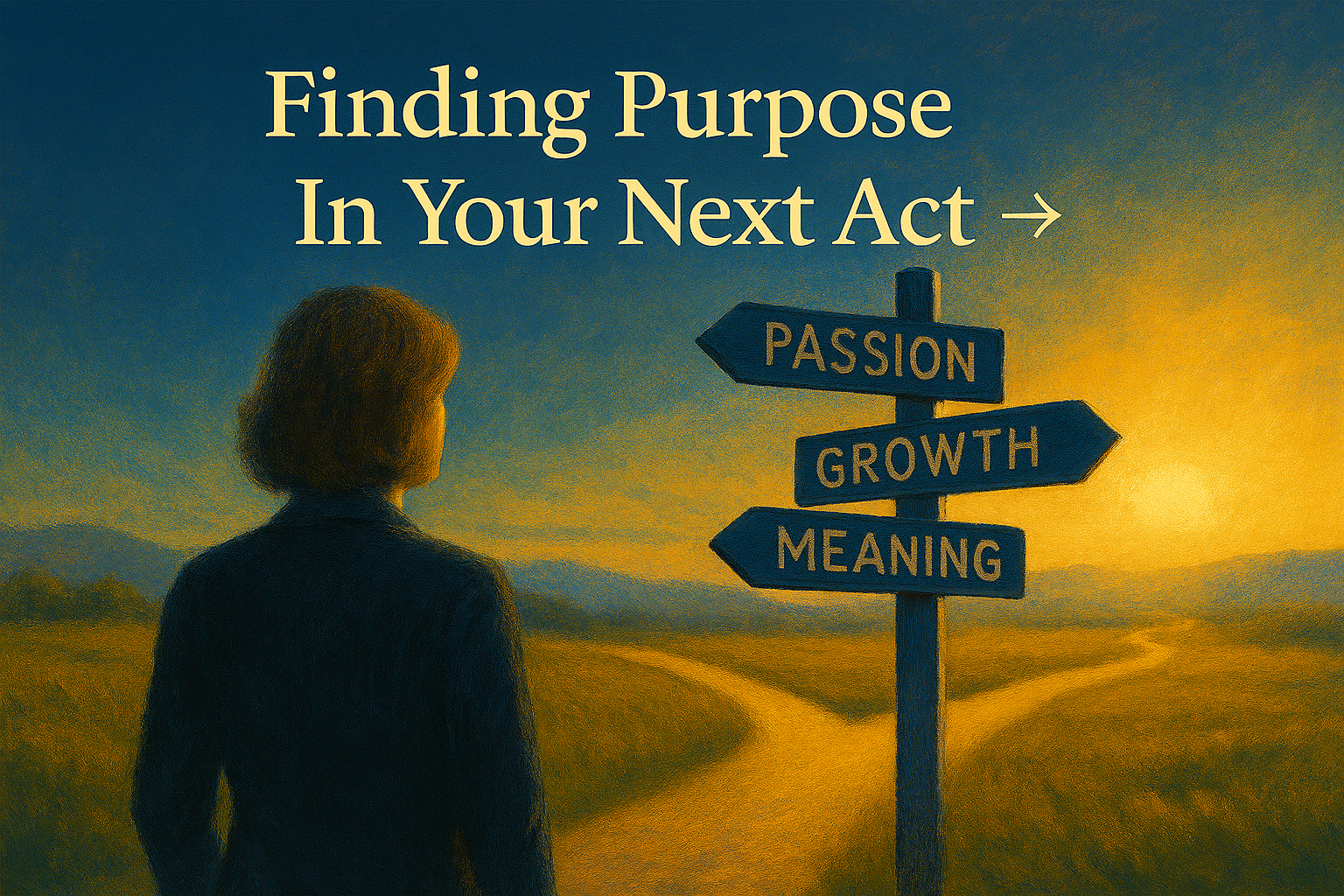 Woman standing at a fork in the road during sunset with signs pointing to passion, growth, and meaning.