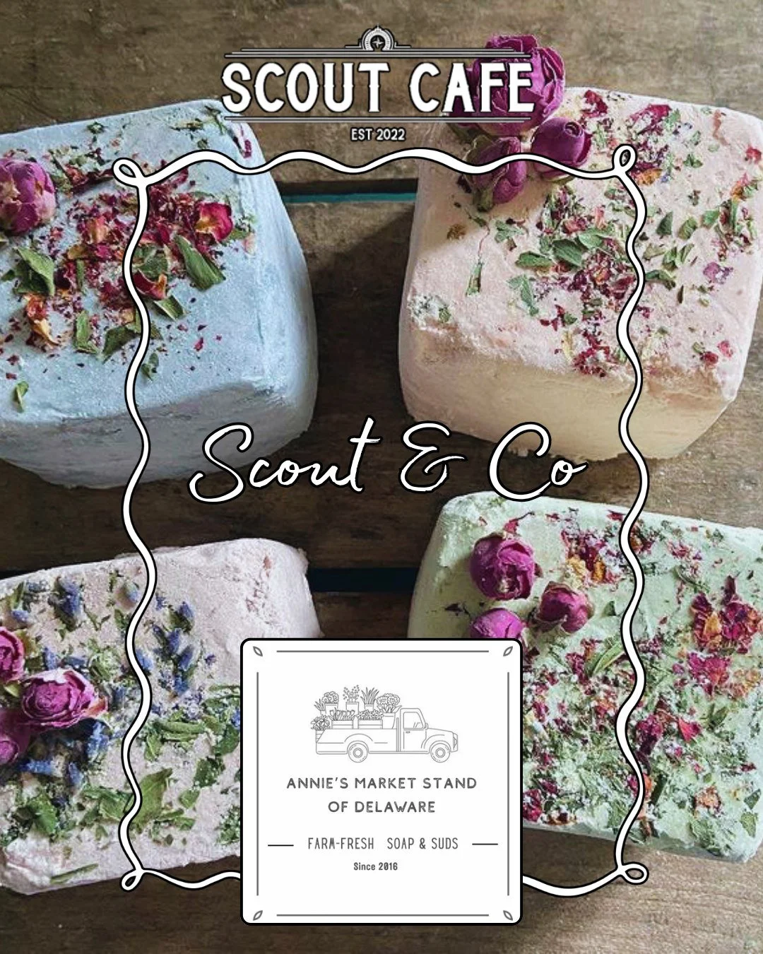 This month's edition of Scout &amp; Co. is with one essential everyone needs in their bathroom....Natural, handmade soaps! 🫧

We thank Annie's Market Stand for providing artisanal soaps to our cafe! 
Give Annie's Market Stand some love by visiting t