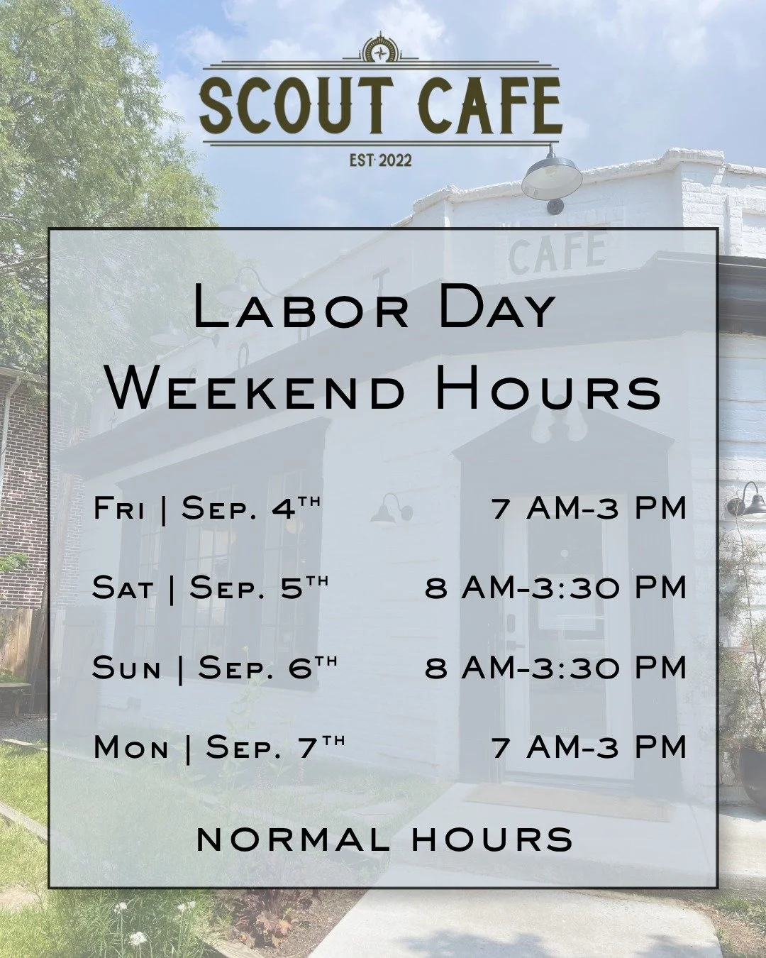 Happy Labor Day Weekend Scouties! We will have normal hours for the holiday weekend! ☀

We reccomend Scouties grab a friend, buy a summer flight, and enjoy the last of the summer weather and our summer drinks.

We can't wait for the fall fun and we k
