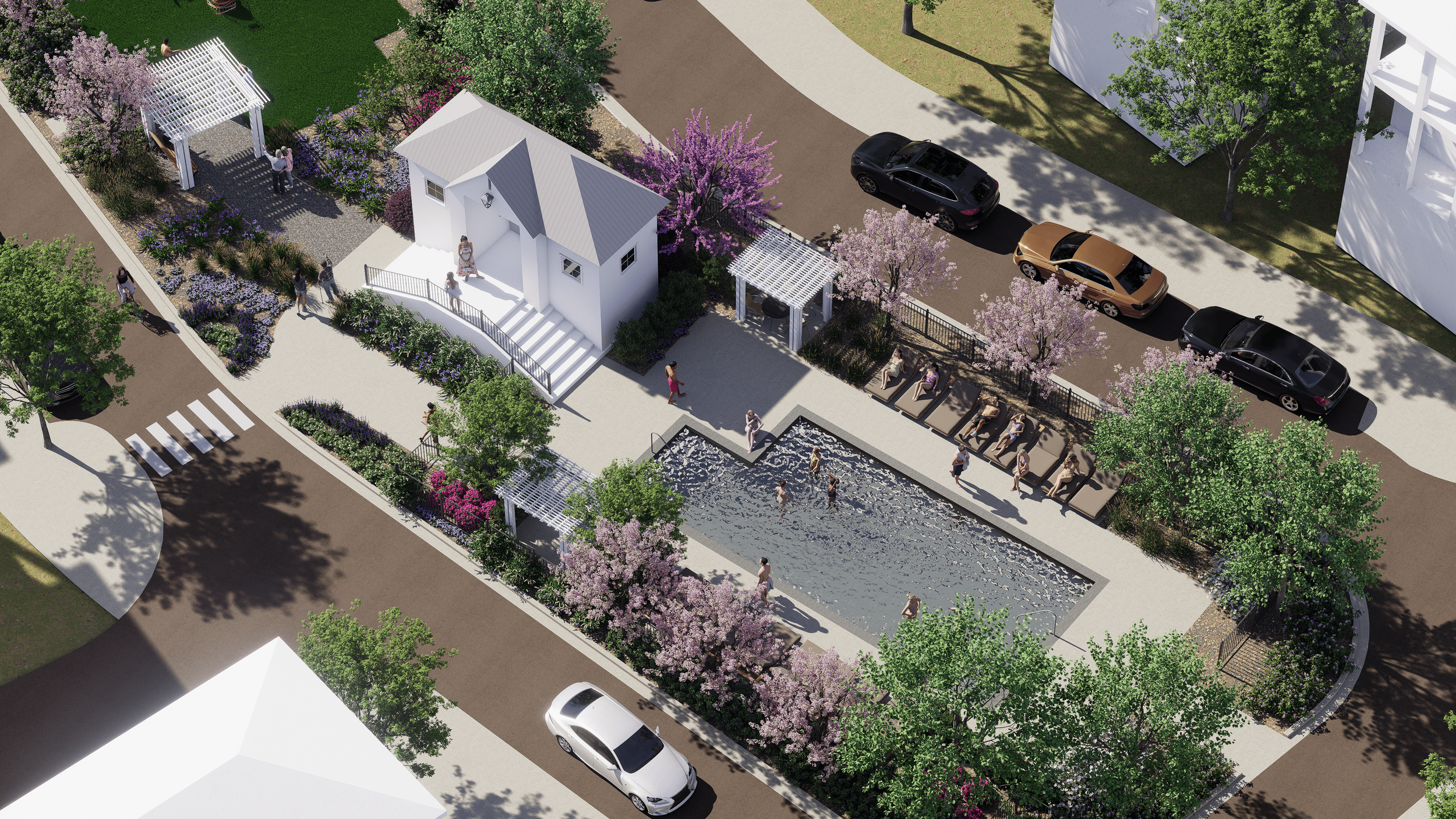An aerial view of a community park with a rectangular swimming pool surrounded by pink and purple flowering trees, green shrubs, and paved pathways. The park has a small white house, lounge chairs, and people swimming, walking, and relaxing. Cars are parked along the street, and a crosswalk is visible at one corner.