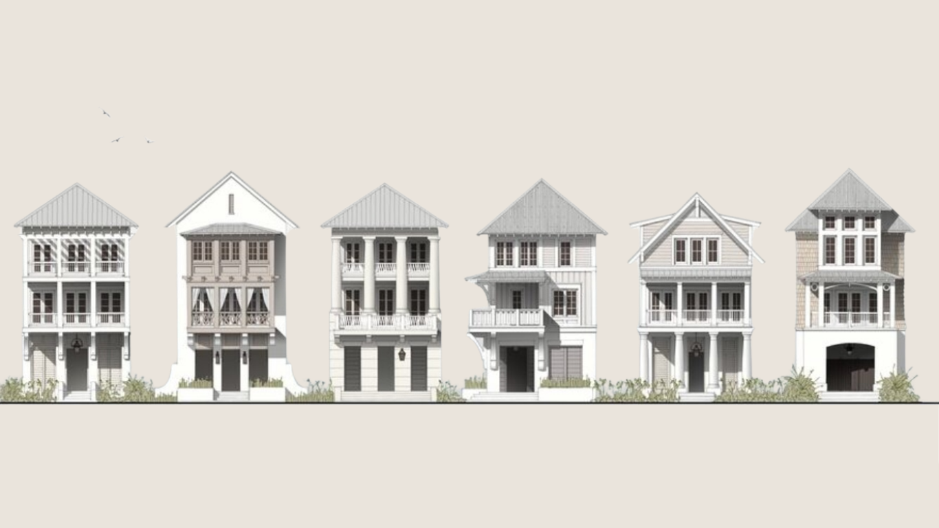 Illustration of six multi-story houses with porches and different architectural styles, lined up along a street with small bushes in front.