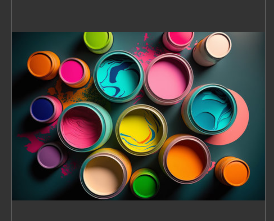 many different open paint cans with bright clors swirled together in them