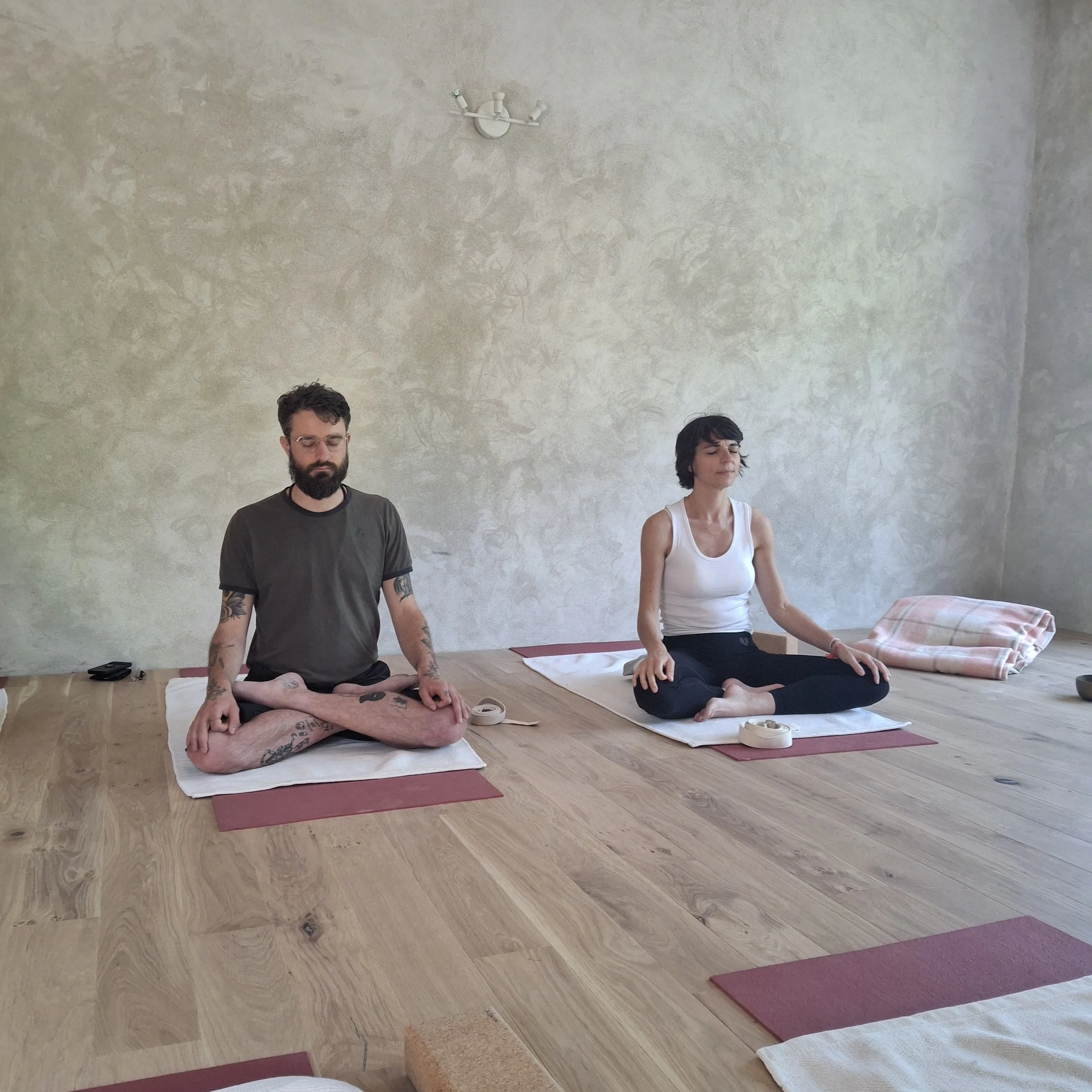 Salle de pratique polyvalente au cœur d’un écolieu rural en Occitanie. Location de gîte de groupe avec salle pour retraites yoga, stages de développement personnel et formations. Capacité 15 personnes, lumière naturelle, calme absolu. Lieu de retrait