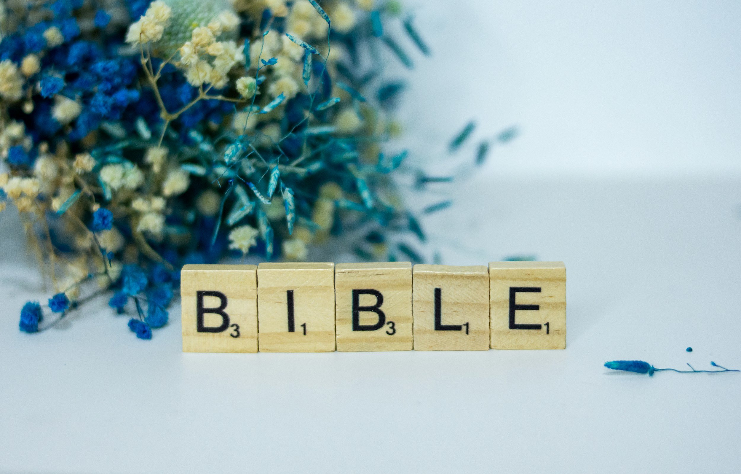 Wooden Scrabble tiles spelling 'BIBLE' with a bouquet of blue and white flowers in the background.