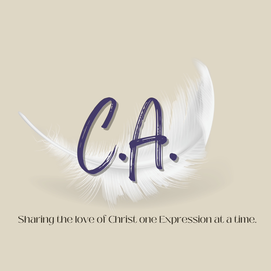 Lettering 'C.A.' over a white feather with a soft beige background and a phrase 'Sharing the love of Christ one Expression at a time.'