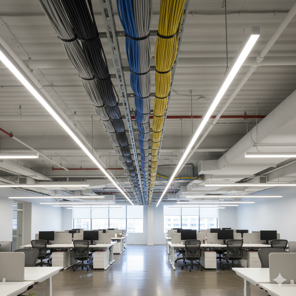 An empty modern office with rows of desks and chairs, large windows, and exposed ceiling with electrical and network cables organized in colorful bundles.
