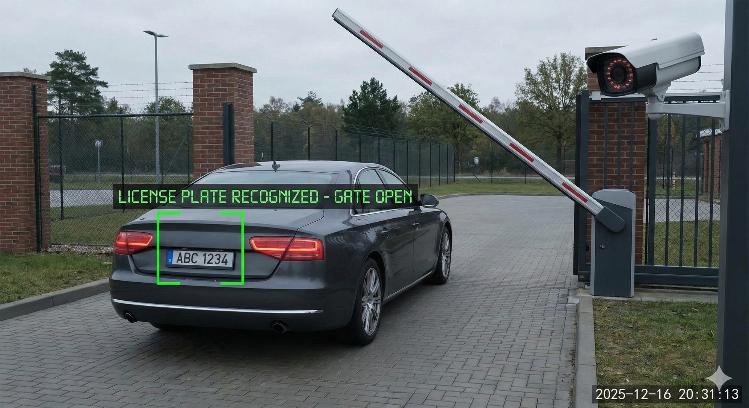 A gray sedan car with license plate 'ABC 1234' approaching a gated entrance with a barrier arm. A security camera is mounted on a post near the gate. A green digital sign reads 'LICENSE PLATE RECOGNIZED - GATE OPEN'. The background shows trees and a cloudy sky.