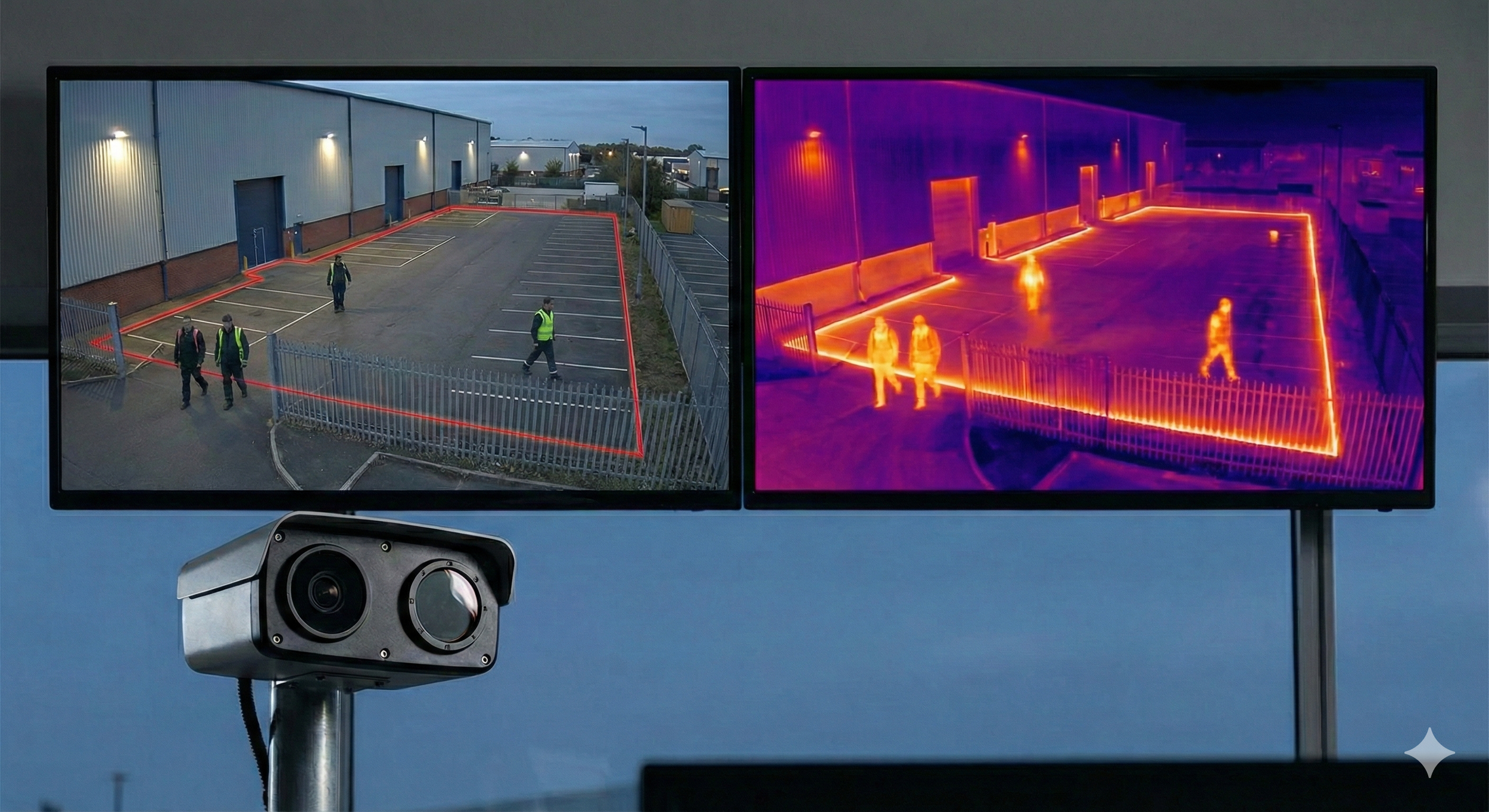 Two monitors display a security camera view and a thermal image of a fenced outdoor area with people inside; a security camera is positioned below the monitors.