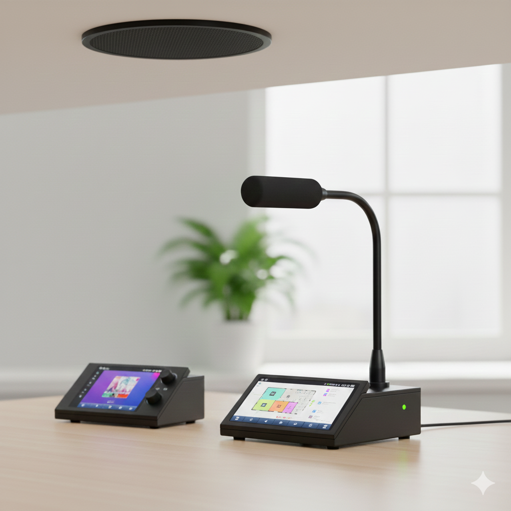 Speaker with music and paging stations