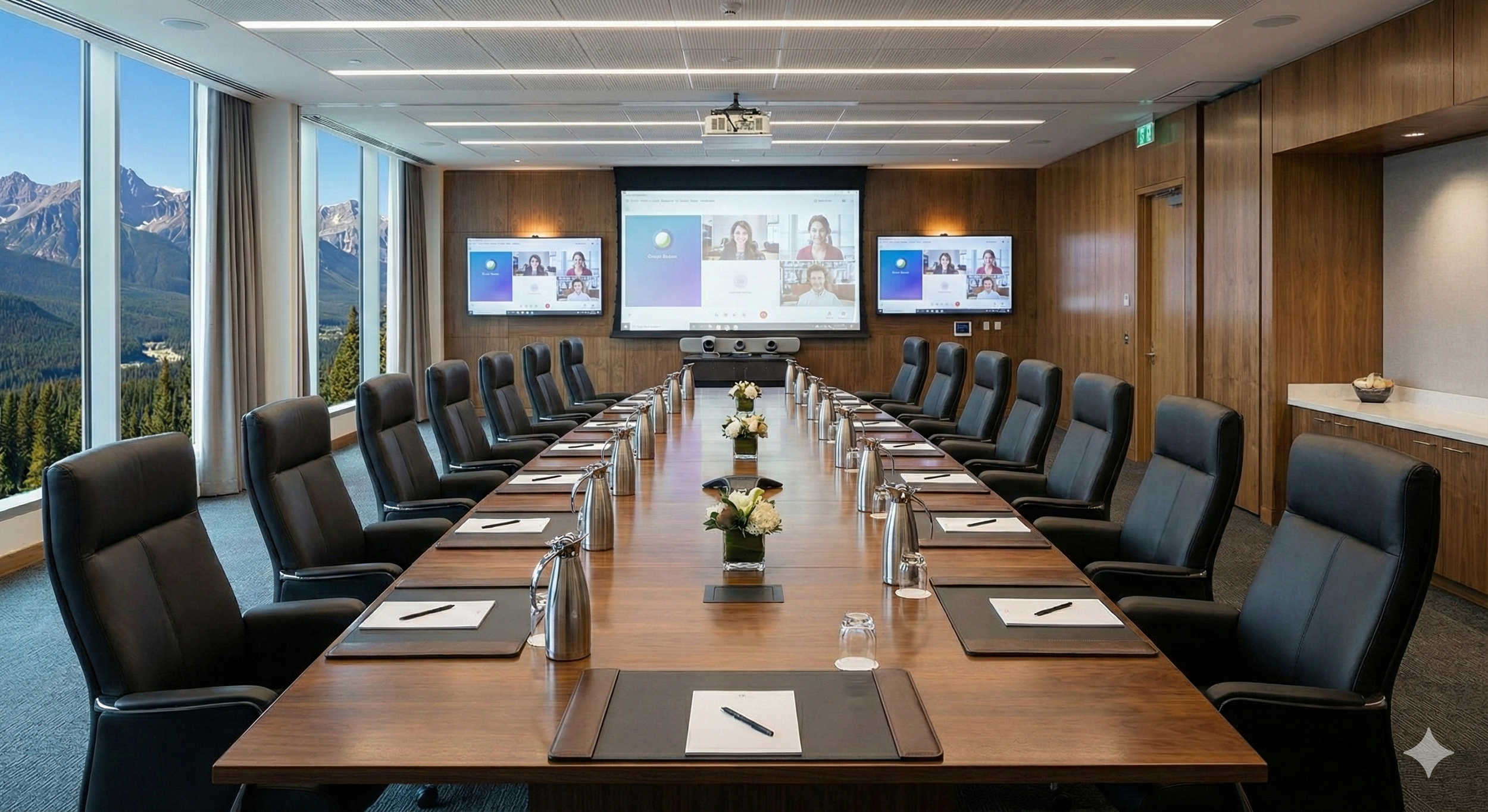 A large conference room with a long wooden table surrounded by black leather chairs. The table is set with notepads, pens, glasses, and water pitchers. There are three large screens at the front displaying virtual meeting participants, with a scenic mountain view visible through the windows on the left side.