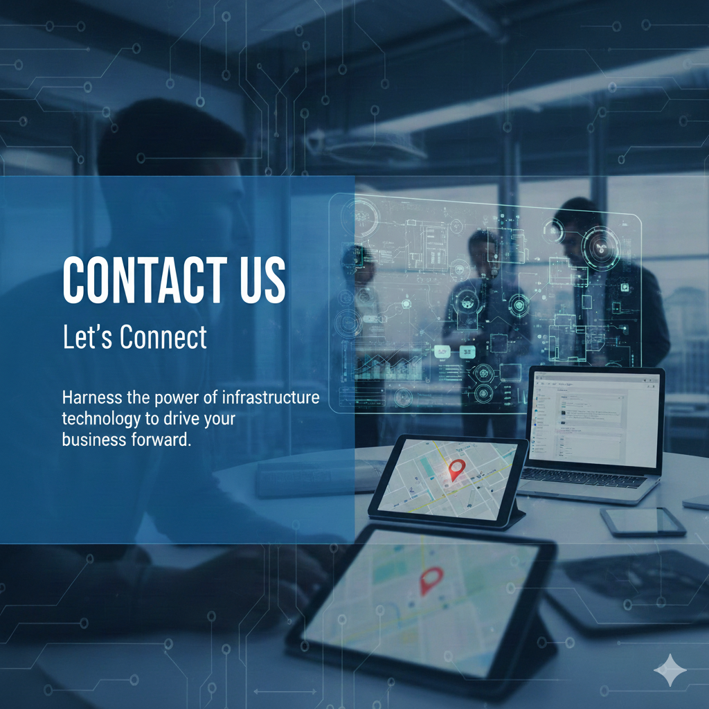 Business meeting in an office with digital interface overlays, laptops, tablets displaying maps, and people in discussion.