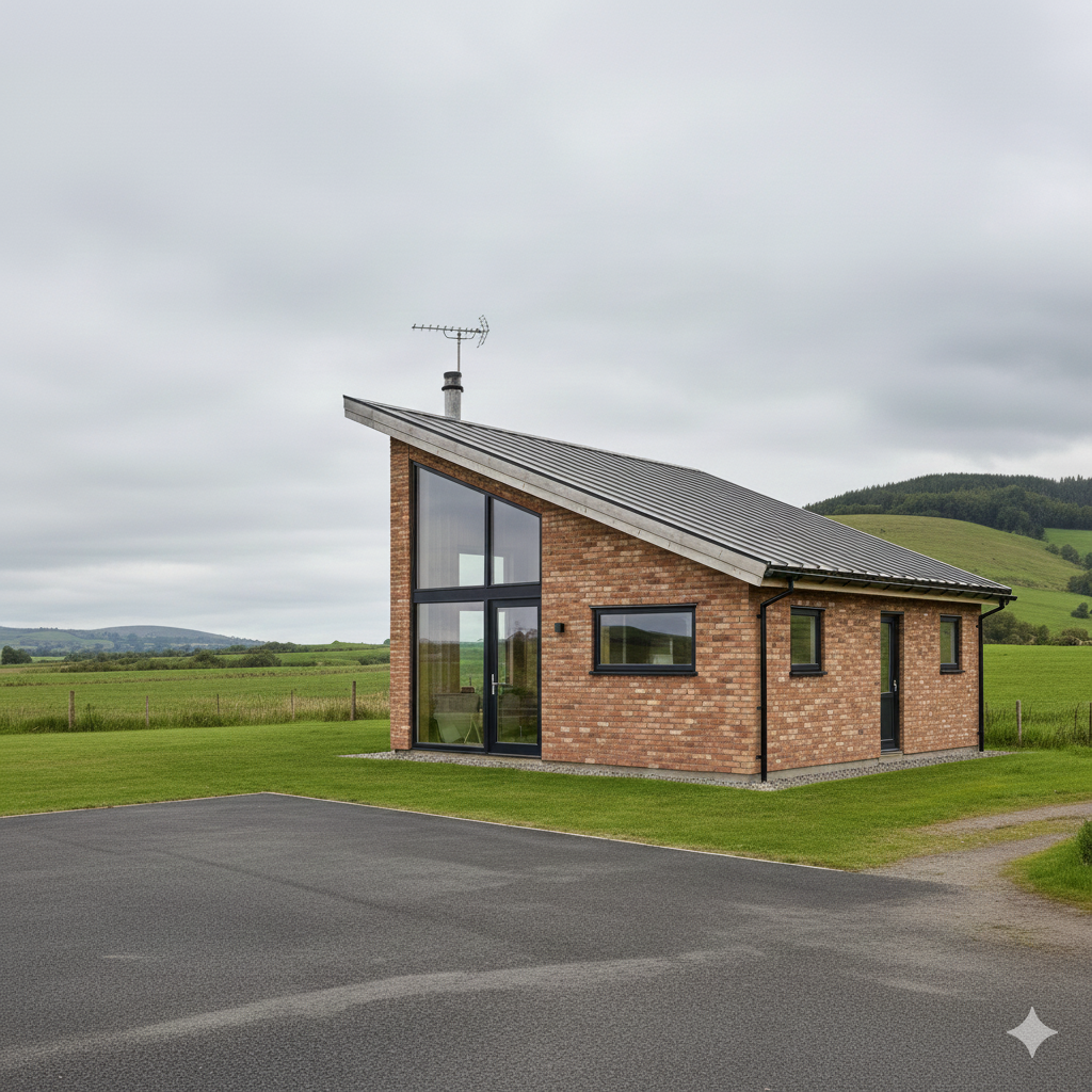 A small modern brick house with large glass windows and a sloped metal roof, situated in a rural landscape with green fields and rolling hills under a cloudy sky.