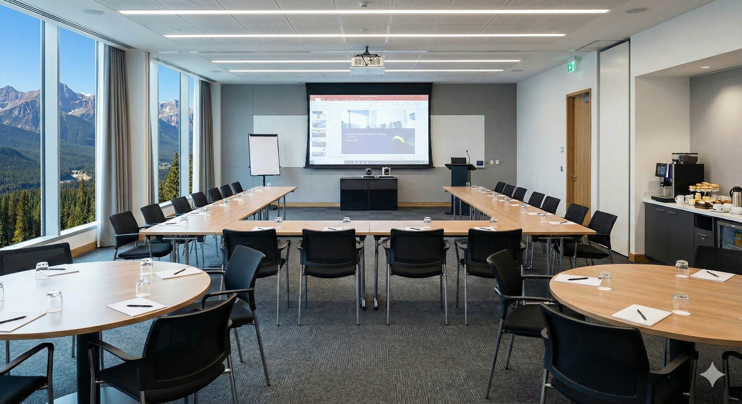 A modern conference room with large windows showing mountains and trees, set up with tables and chairs for a meeting, with a projector screen, a flip chart, and a coffee station on the side.