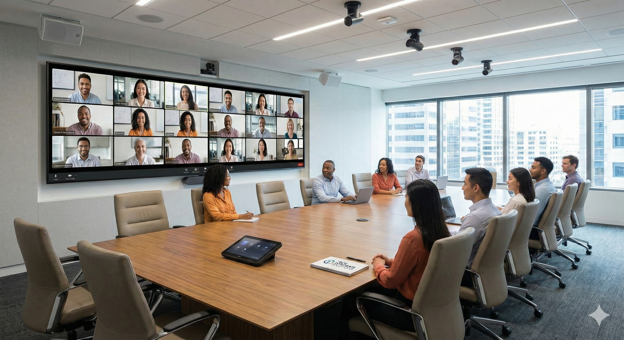 A diverse group of people in a conference room participating in a virtual meeting, displayed on a large screen with multiple remote attendees.