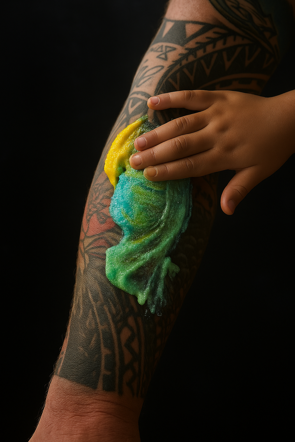 A mans grandchild applying rainbow-colored body scrub to grandads tattooed arm against a black background.