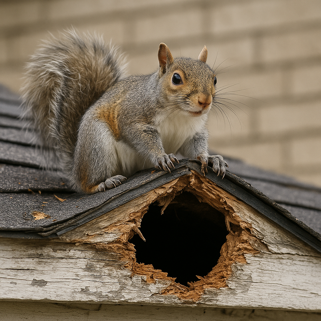 A squirrel sitting on the edge of a damaged wooden birdhouse with a large hole, looking towards the camera.