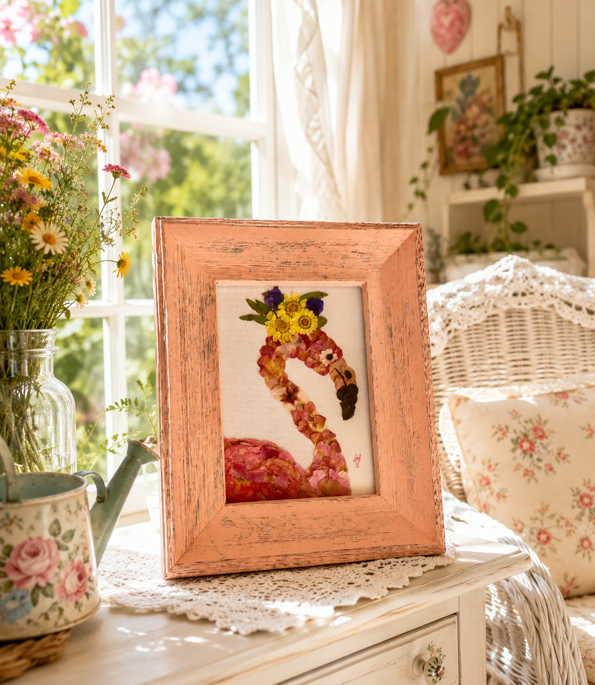 Fancy Flamboyance | Flamingo Botanical Floral Composition | Pressed Botanical Wall Art