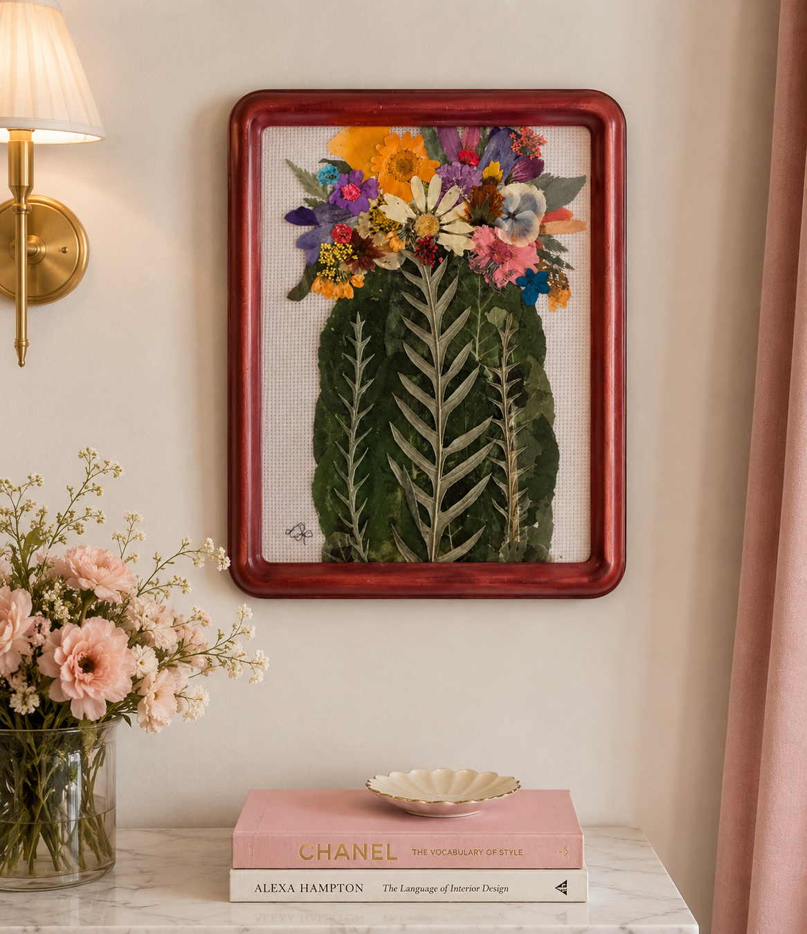 Framed original one of a kind pressed flowers botanical artwork cactus