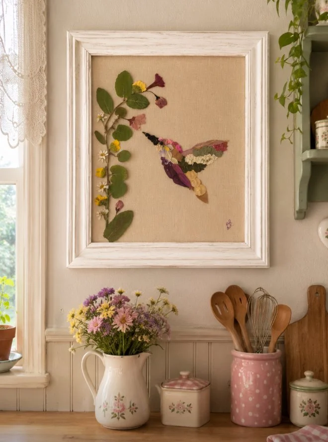Framed embroidery of a hummingbird and a vine on a beige wall in a kitchen with a flower arrangement and kitchen utensils.