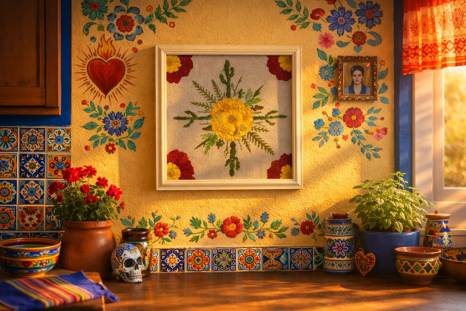 Decorative Mexican-style kitchen wall with vibrant yellow paint, colorful floral patterns, framed embroidery, small picture of a woman, potted plants, ceramic bowls, and a skull figurine on a wooden counter near a window.