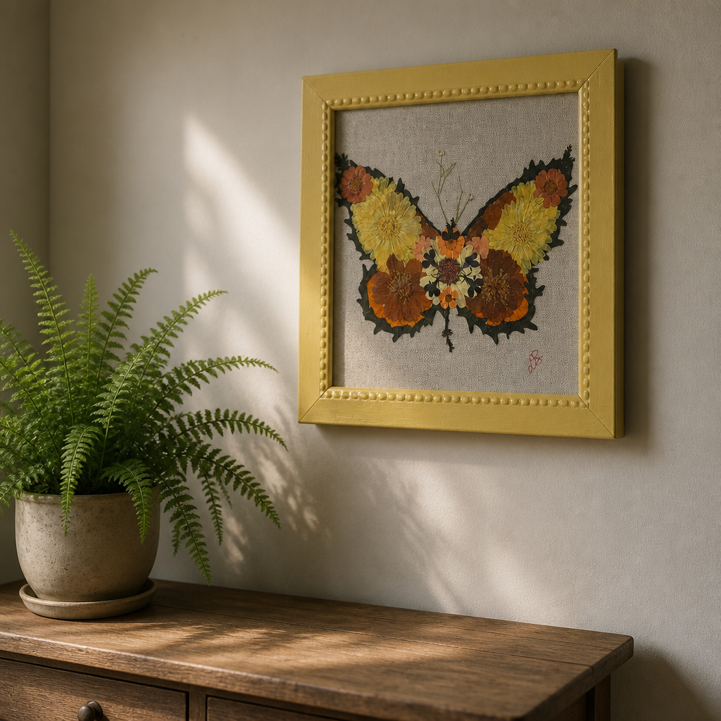 Original pressed botanical butterfly art using natural flowers and leaf elements by artist Dede.