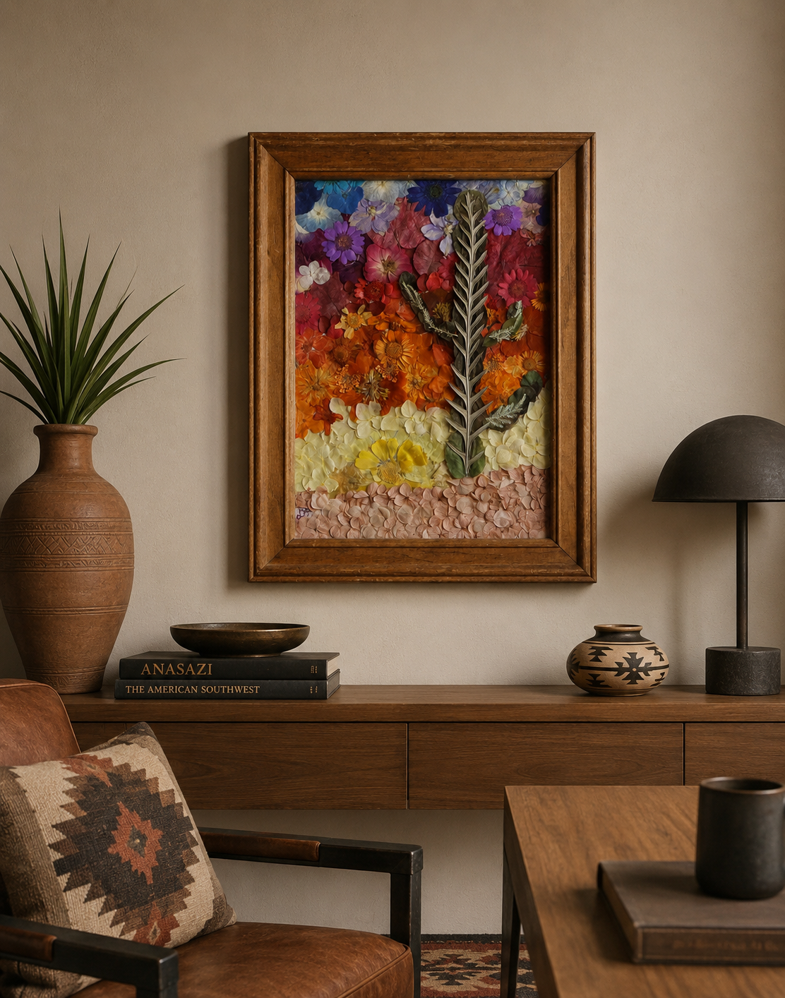 Painted Horizon – Original Pressed Flower Art | Botanical Desert Sunrise Wall Art