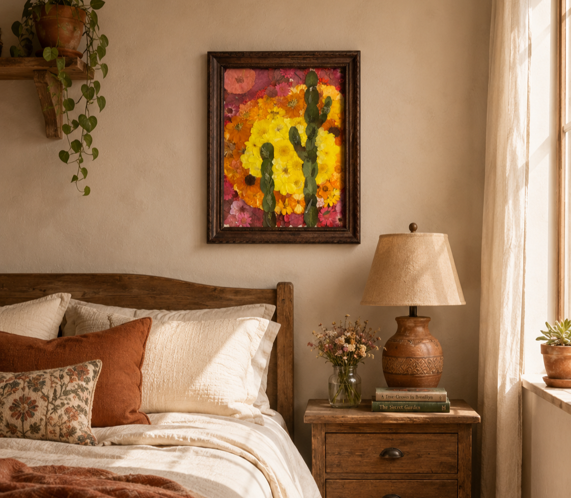 Framed pressed botanical artwork created from real seasonal flowers