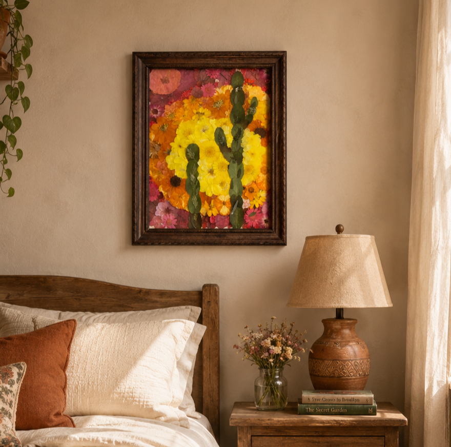Decorative framed artwork of yellow cactus flowers on a pink and red background hangs above a bed with cream-colored pillows and an orange pillow. To the right, a bedside table holds a bouquet of mixed flowers in a glass jar, a ceramic lamp, and two books.