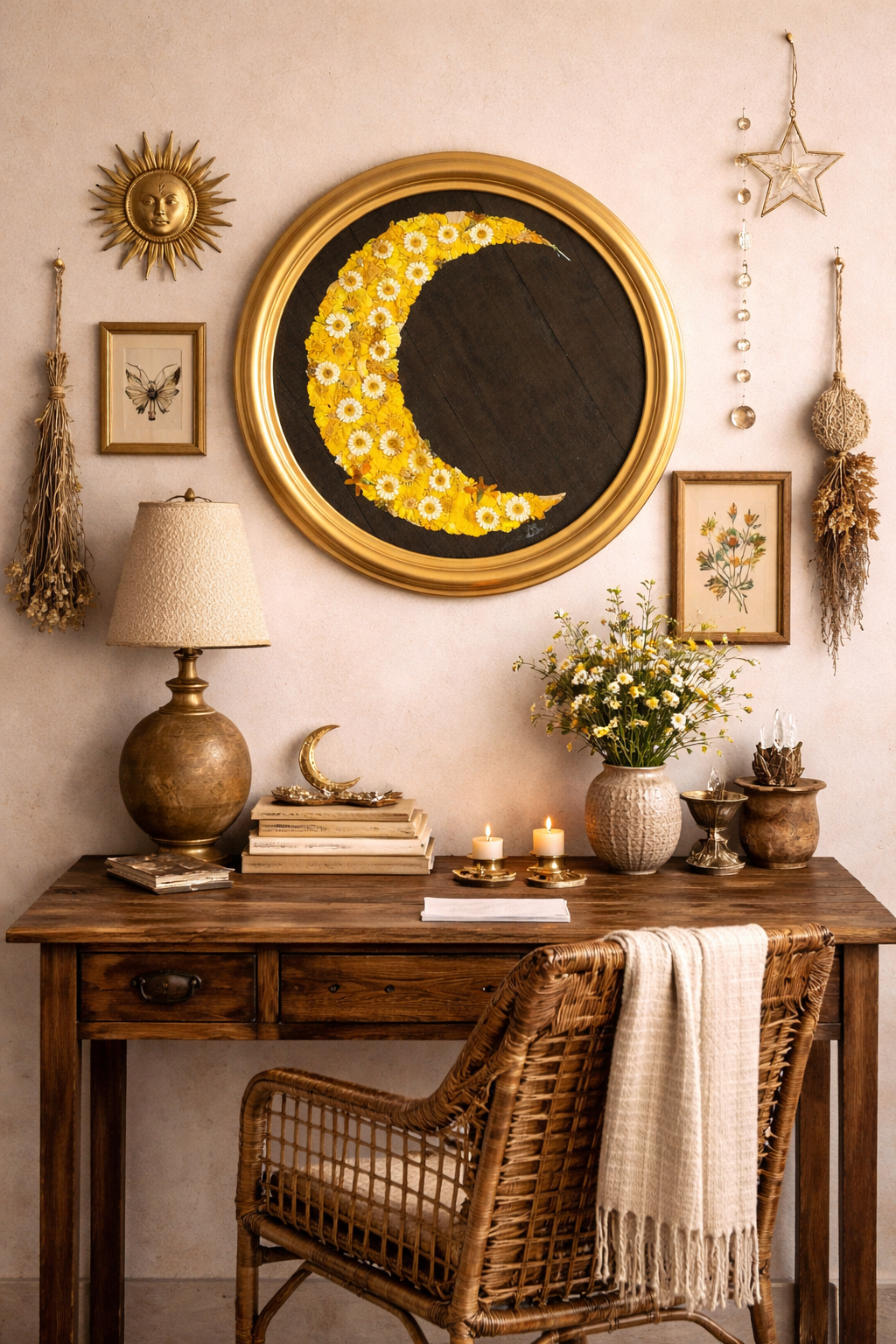 Decorative wall with a mirror featuring a moon made of yellow flowers, sun face wall decor, butterfly and star art, and hanging dried plants, above a wooden desk with candles, flowers, and decorative items.