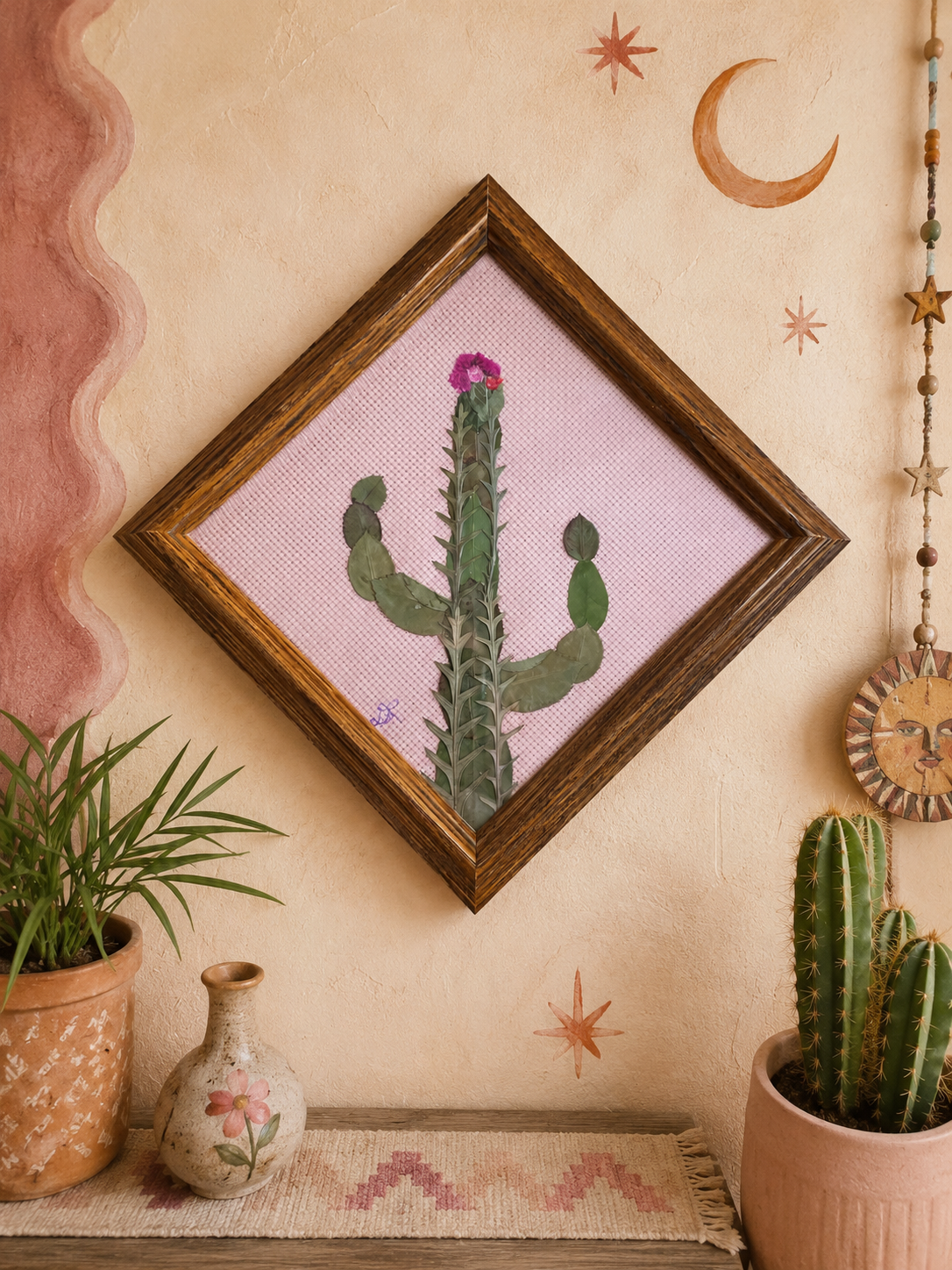 Spring Bloom | Whimsical Saguaro Pressed Flower Art | Southwestern Cottage Wall Decor