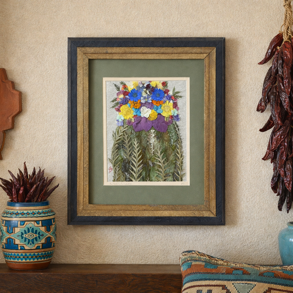 Framed botanical artwork of colorful flowers, surrounded by decorative pottery and household decor on a beige wall.