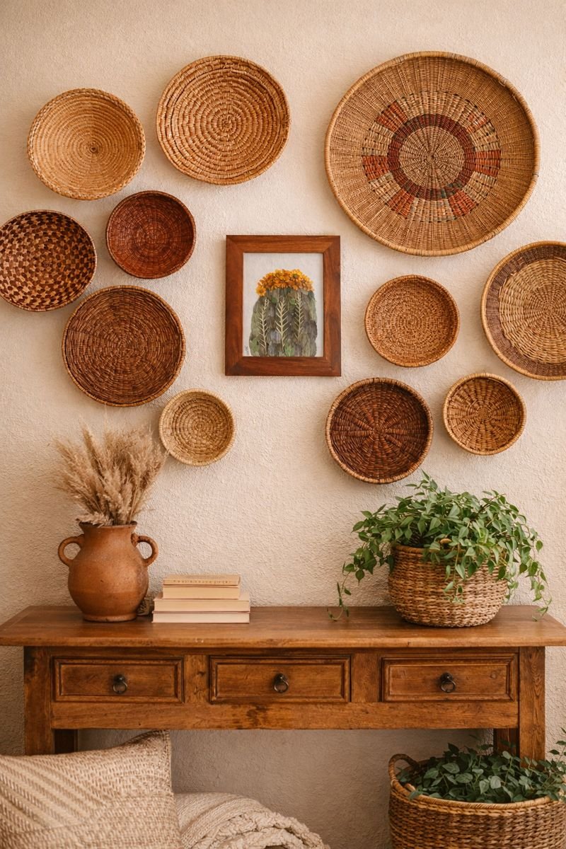 Decorative wicker baskets arranged on a wall above a wooden console table with a vase of dried grasses and a potted plant.
