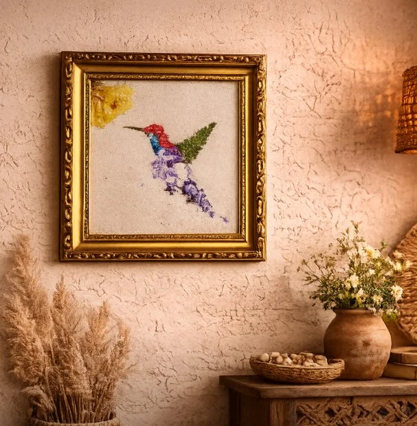 Tinker – Original Pressed Flower Art | Botanical Hummingbird Wall Art