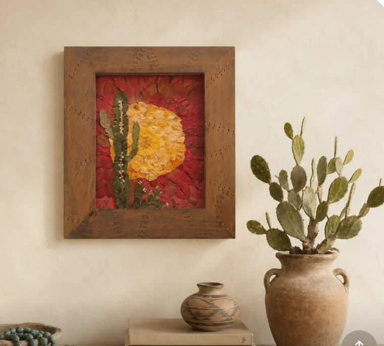 Solar Bloom – Original Pressed Flower Art | Botanical Desert Sunrise and Cactus Wall Art