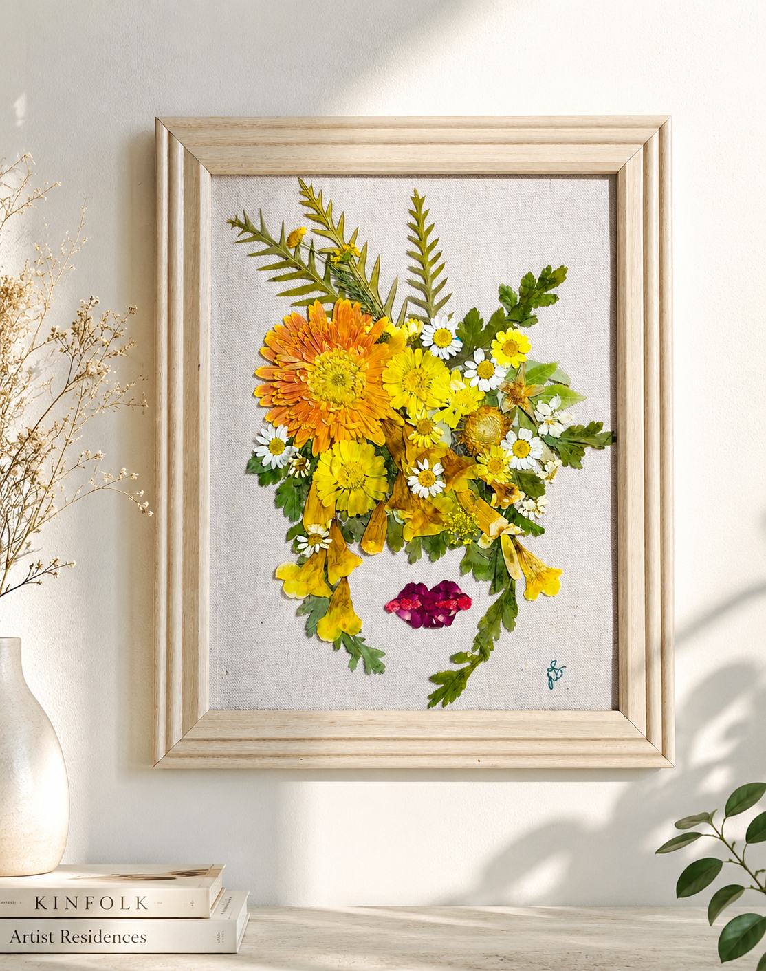 Frida inspired pressed flower art. one of a kind custom order